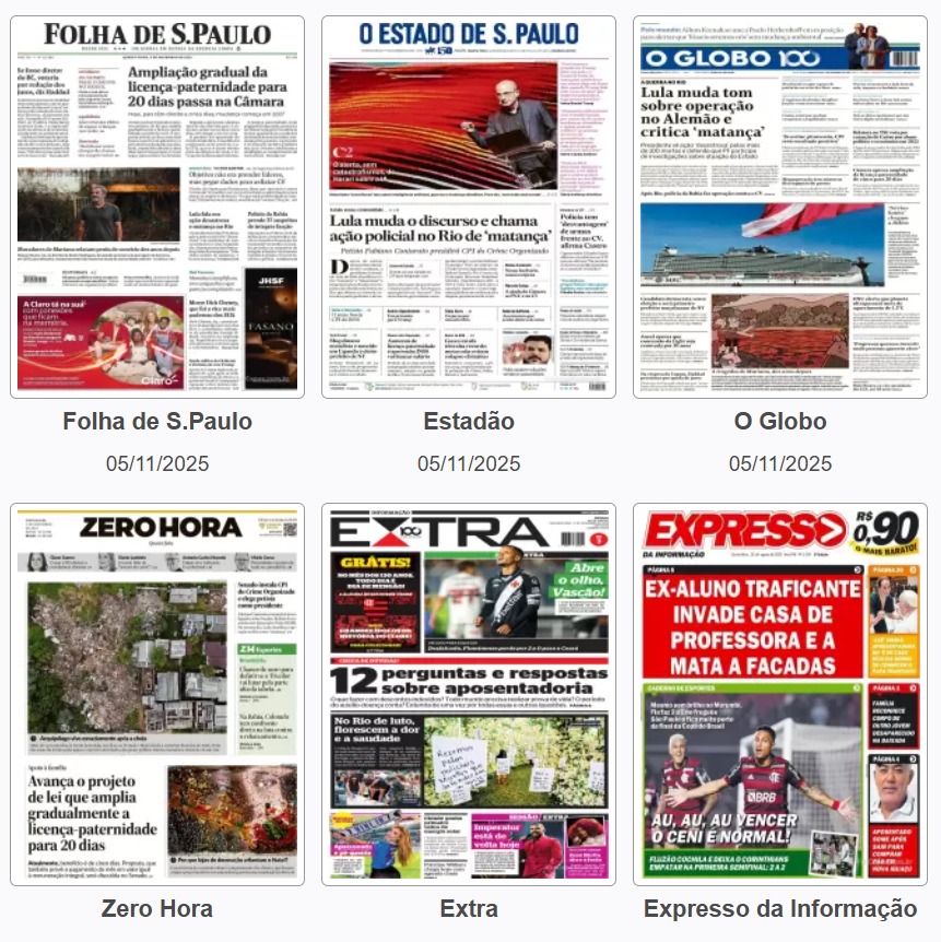 Folha, Estadão, O Globo e outros jornais destacam fala de Lula sobre “matança” e avanço da licença-paternidade
